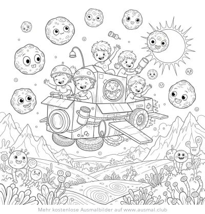 Kinderrakete aus Kartons mit Kindern im Weltall Ausmalbild