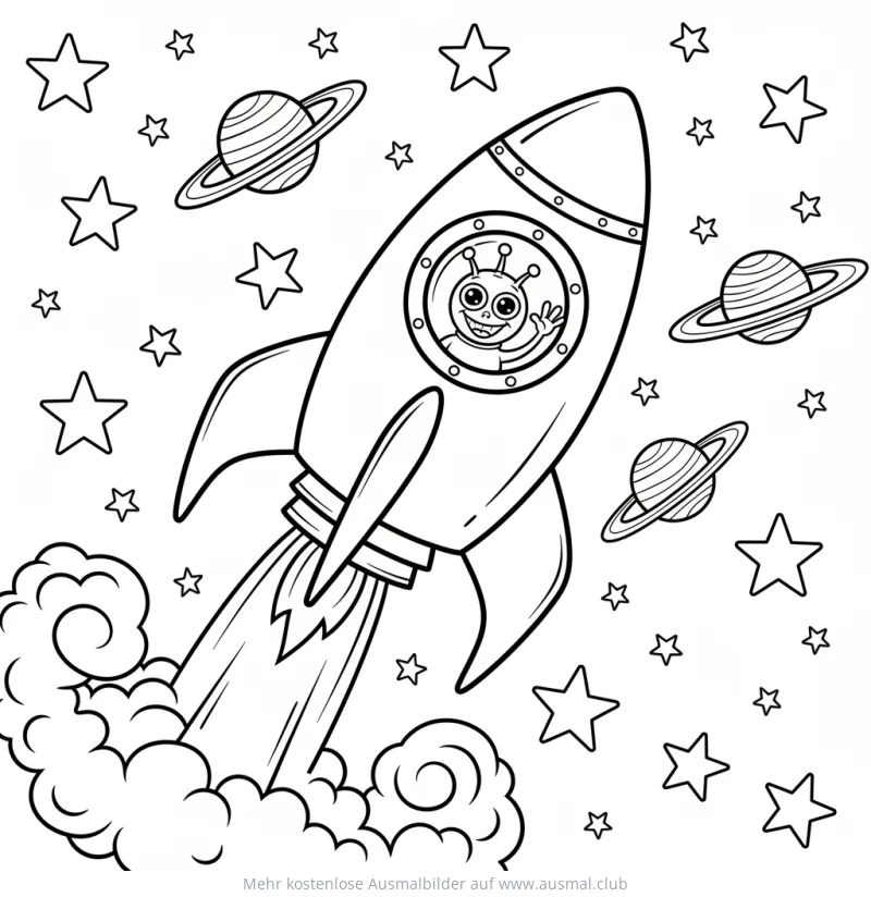 Raketenstart Ausmalbild mit Alien im Fenster