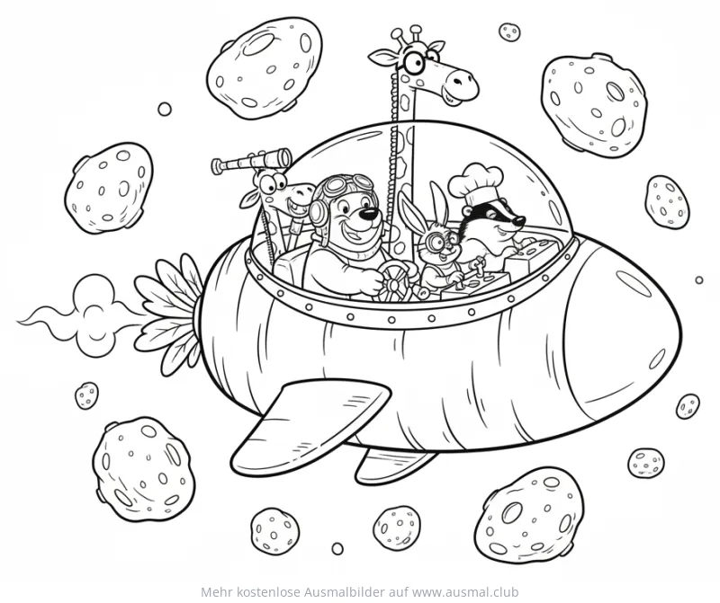 Raumschiff mit Bär, Hase, Dachs und Giraffe im Weltraum Ausmalbild