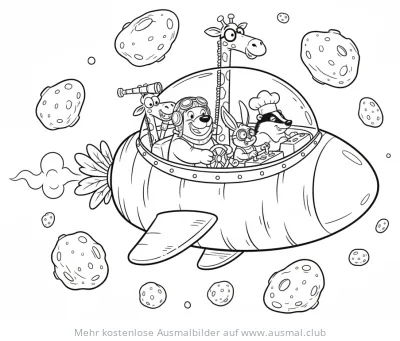 Raumschiff mit Bär, Hase, Dachs und Giraffe im Weltraum Ausmalbild