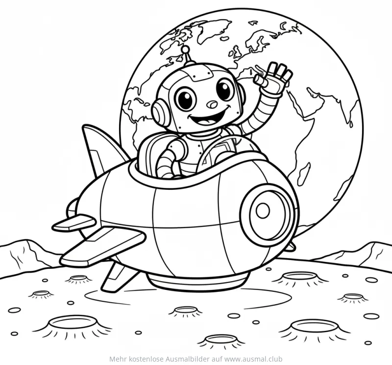 Roboter im Raumschiff Ausmalbild vor Erde