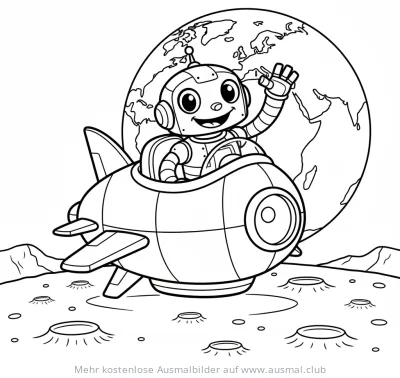 Roboter im Raumschiff Ausmalbild vor Erde