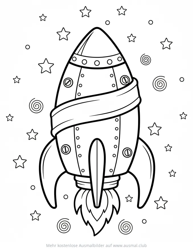 Retrorakete Ausmalbild im Comicstil mit Sternen