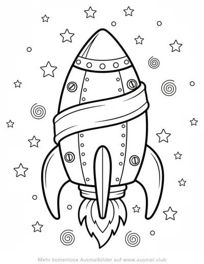 Retrorakete Ausmalbild im Comicstil mit Sternen