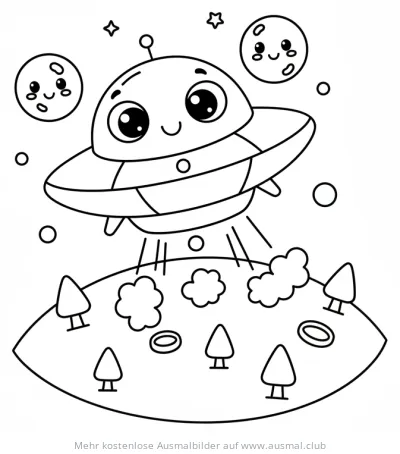 Freundliches Raumschiff landet auf Planeten Ausmalbild