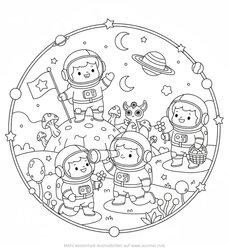 Astronauten auf einem Planeten mit Alien Ausmalbild