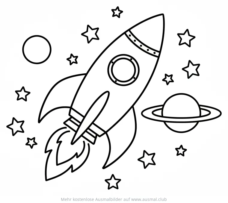 Raketenstart mit Sternen und Planet Ausmalbild