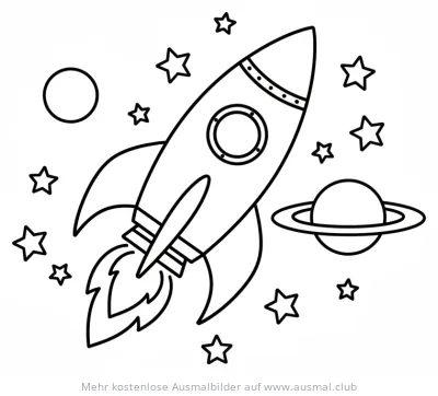 Raketenstart mit Sternen und Planet Ausmalbild