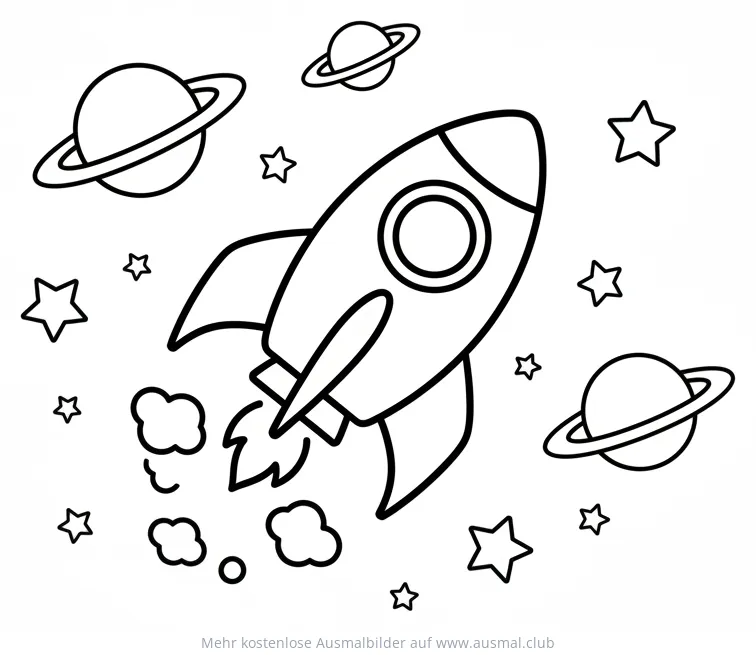 Rakete mit Planeten und Sternen Ausmalbild