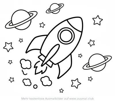 Rakete mit Planeten und Sternen Ausmalbild