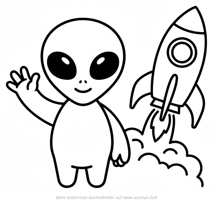 Freundlicher Alien winkt neben startender Rakete Ausmalbild
