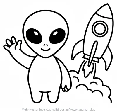 Freundlicher Alien winkt neben startender Rakete Ausmalbild