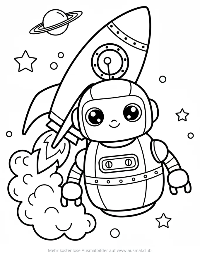 Roboter mit Rakete im Weltraum Ausmalbild
