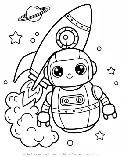Roboter mit Rakete im Weltraum Ausmalbild