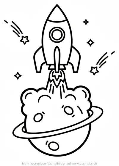 Rakete startet von Planet mit Ring Ausmalbild