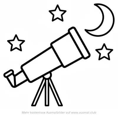 Teleskop Ausmalbild mit Sternen und Mond