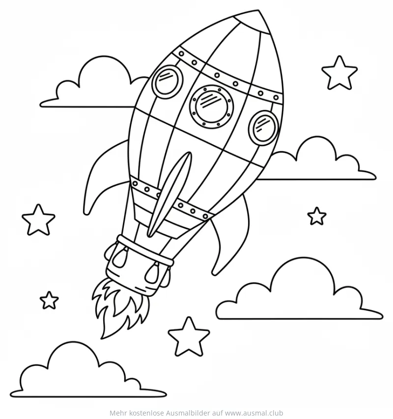 Rakete im Ballon-Stil, umgeben von Wolken und Sternen Ausmalbild