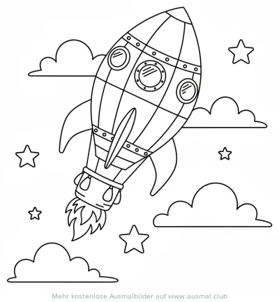 Rakete im Ballon-Stil, umgeben von Wolken und Sternen Ausmalbild