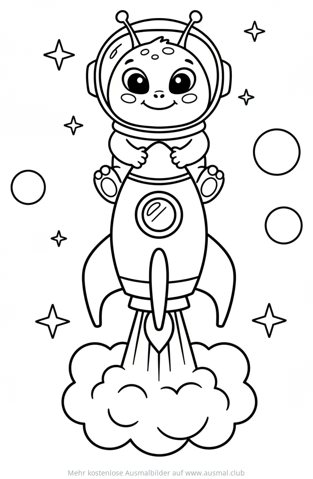 Alien im Raumanzug auf einer startenden Rakete Ausmalbild
