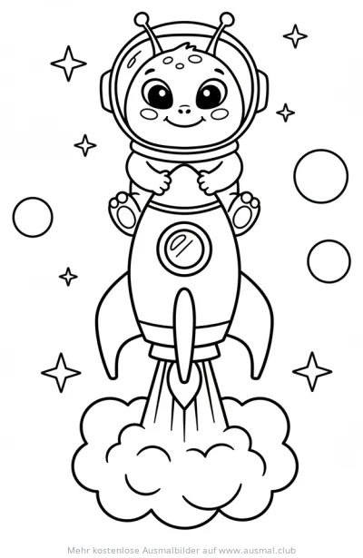 Alien im Raumanzug auf einer startenden Rakete Ausmalbild