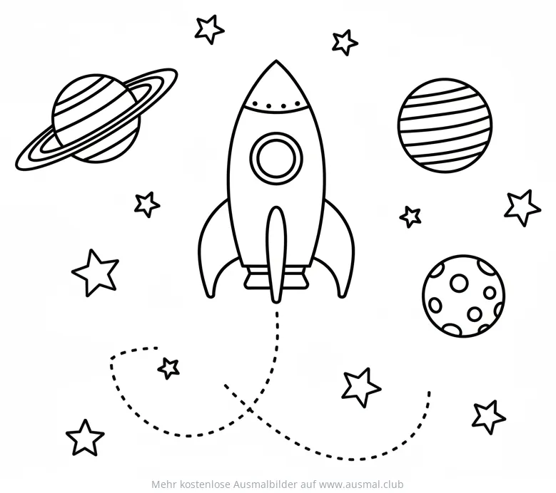 Rakete fliegt durchs Weltall mit Planeten und Sternen Ausmalbild