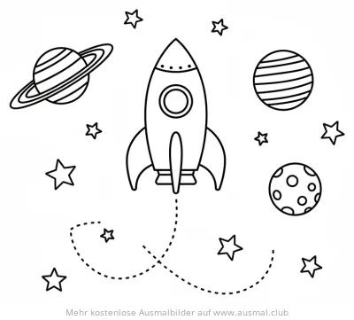 Rakete fliegt durchs Weltall mit Planeten und Sternen Ausmalbild