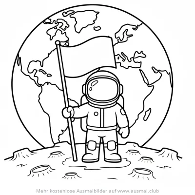 Astronaut mit Flagge auf dem Mond Ausmalbild