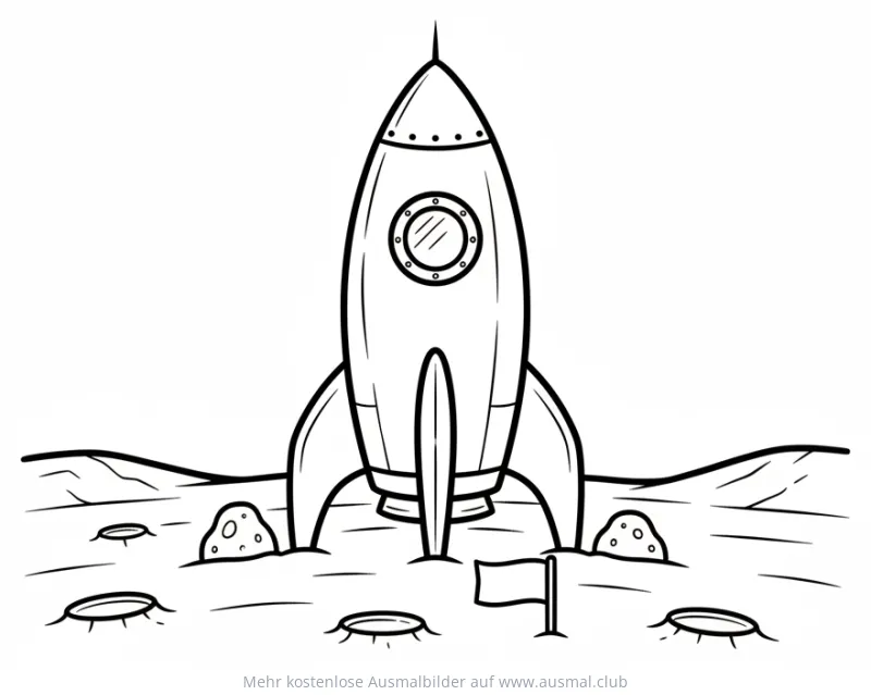 Rakete auf dem Mars Ausmalbild mit Kratern und Flagge