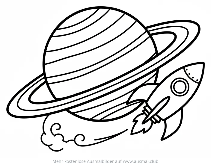 Rakete fliegt an einem Planeten mit Ringen vorbei Ausmalbild