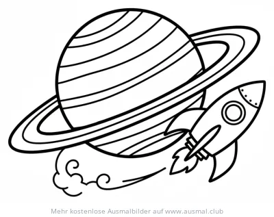 Rakete fliegt an einem Planeten mit Ringen vorbei Ausmalbild