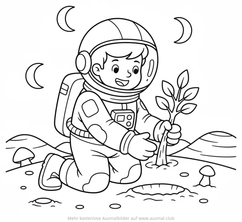 Astronaut pflanzt Baum auf fremdem Planeten Ausmalbild