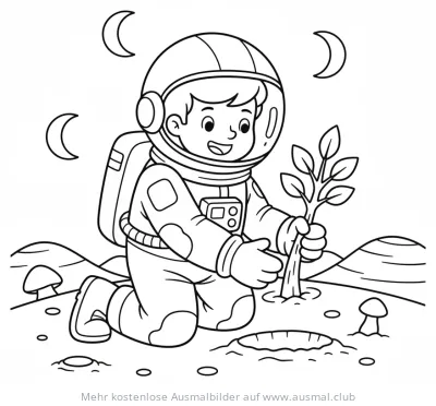 Astronaut pflanzt Baum auf fremdem Planeten Ausmalbild