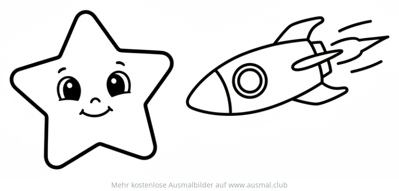 Freundlicher Stern mit Gesicht und Rakete Ausmalbild