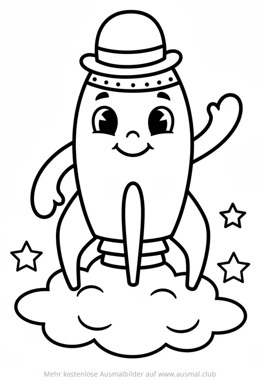 Rakete mit Gesicht, Hut und Wolke Ausmalbild