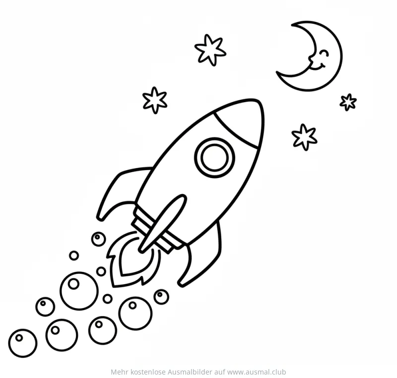 Rakete im Weltraum mit Seifenblasen, Mond und Sternen Ausmalbild