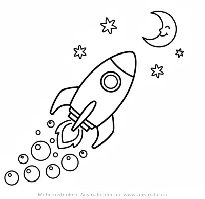 Rakete im Weltraum mit Seifenblasen, Mond und Sternen Ausmalbild