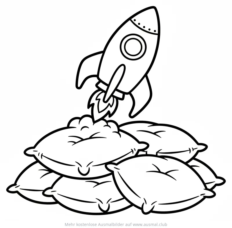 Rakete startet von Kissenstapel Ausmalbild