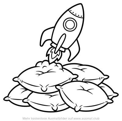 Rakete startet von Kissenstapel Ausmalbild