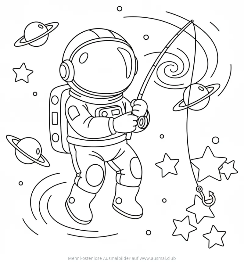 Astronaut angelt Sterne im Weltraum Ausmalbild