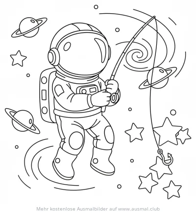 Astronaut angelt Sterne im Weltraum Ausmalbild