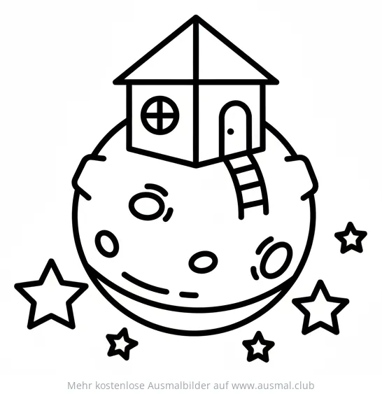 Haus auf einem Mond Ausmalbild, umgeben von Sternen