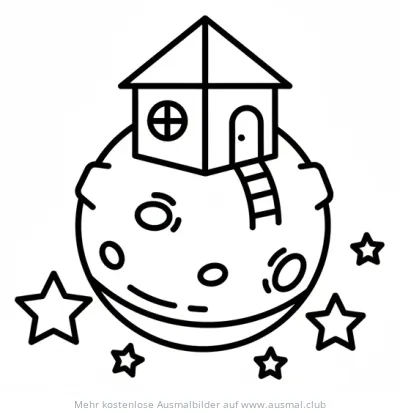 Haus auf einem Mond Ausmalbild, umgeben von Sternen
