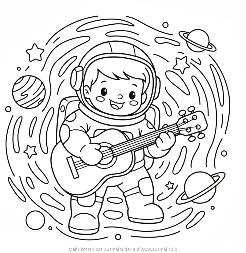 Astronaut spielt Gitarre im Weltraum Ausmalbild