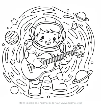 Astronaut spielt Gitarre im Weltraum Ausmalbild