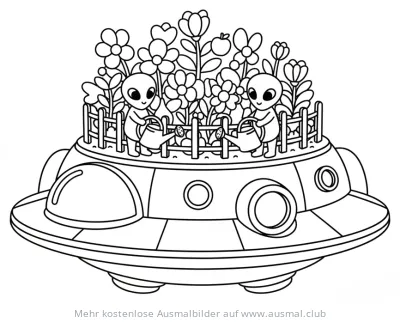 Aliens gießen Blumen im Garten auf einem Raumschiff Ausmalbild