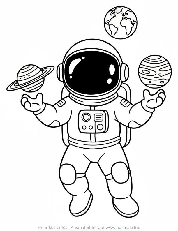 Astronaut jongliert mit Planeten Ausmalbild