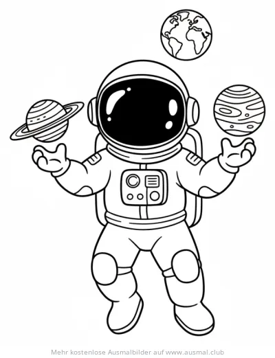 Astronaut jongliert mit Planeten Ausmalbild