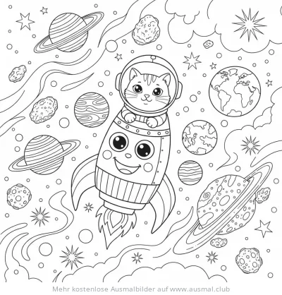 Katze in Rakete im Weltall Ausmalbild