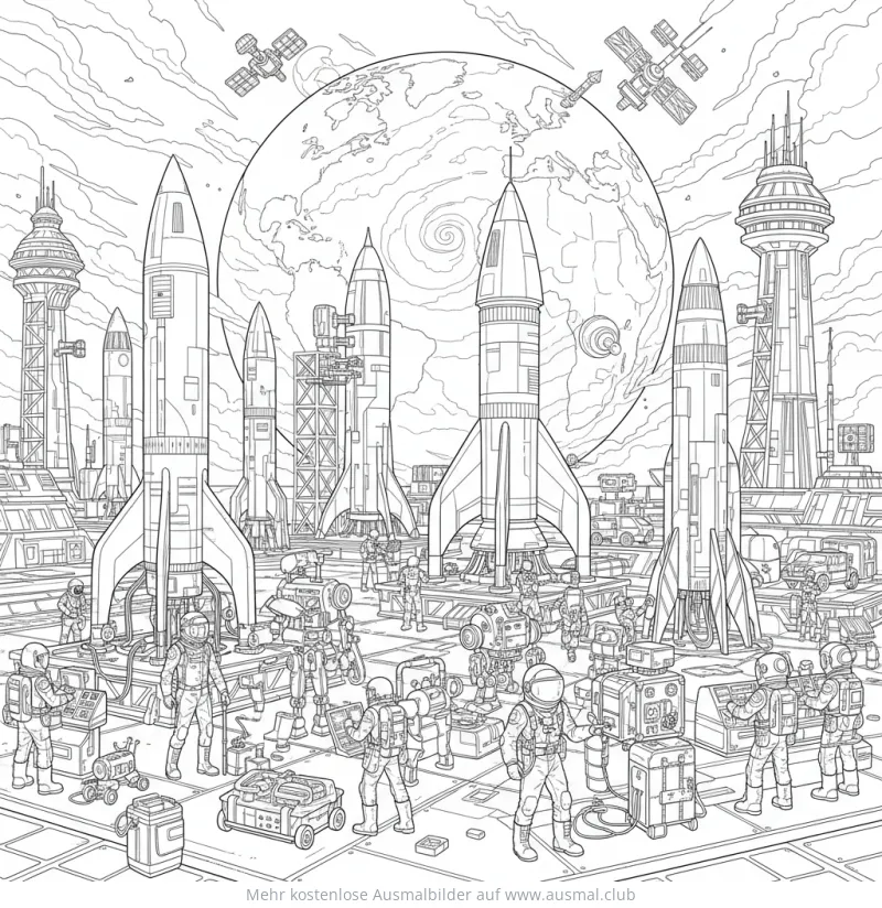 Raumhafen mit Raketen, Astronauten und Satelliten Ausmalbild