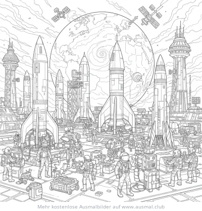 Raumhafen mit Raketen, Astronauten und Satelliten Ausmalbild